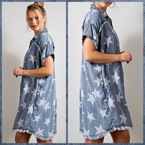 EASEL "Twinkle Star" Lightweight Cotton Denim Shirt Dress Button Up W/ Raw Seams - Picture 2 of 16